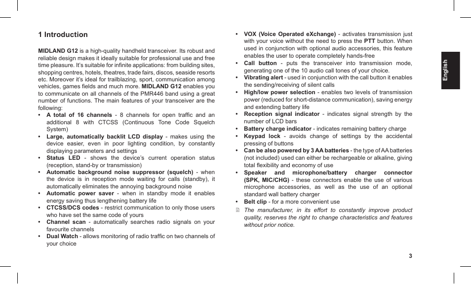 Introduction | MIDLAND G12 User Manual | Page 3 / 32