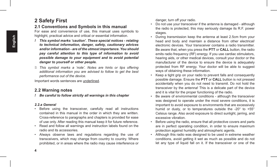 2 safety first,  conventions and symbols in this manual | MIDLAND G12 User Manual | Page 4 / 32