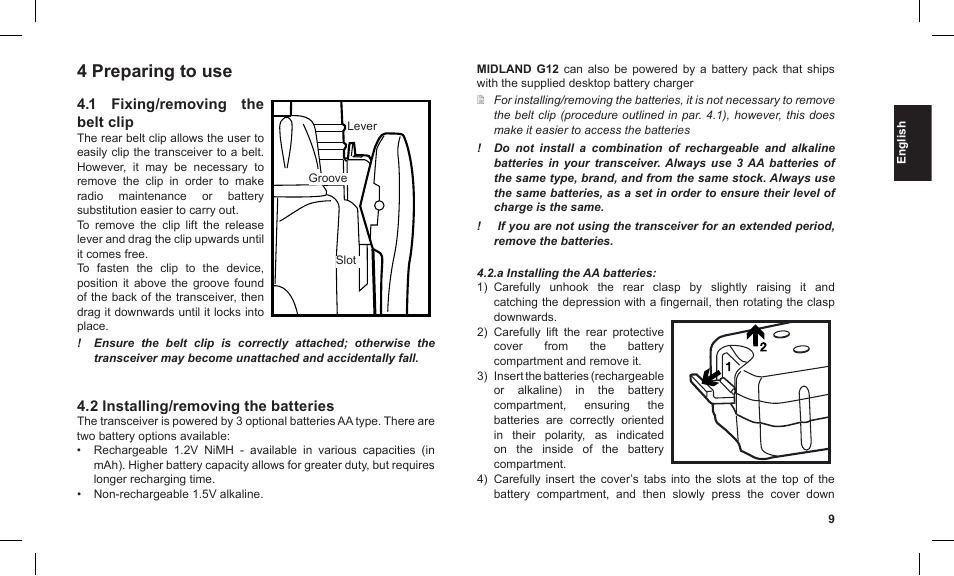 4 preparing to use,  fixing/removing the belt clip, 2 installing/removing the batteries | MIDLAND G12 User Manual | Page 9 / 32
