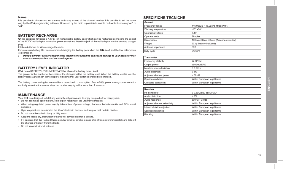 Battery recharge, Battery level indicator, Maintenance | Specifiche tecniche, English, Name | MIDLAND G14 PMR446 User Manual | Page 13 / 58