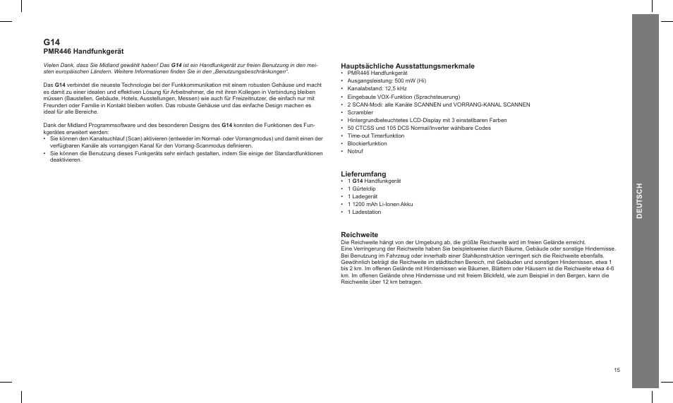 Deutsch, Pmr446 handfunkgerät, Hauptsächliche ausstattungsmerkmale | Lieferumfang, Reichweite | MIDLAND G14 PMR446 User Manual | Page 15 / 58