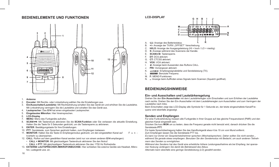 Bedienelemente und funktionen, Bedienungshinweise, Lcd-display | Ein- und ausschalten und lautstärkeregelung, Senden und empfangen | MIDLAND G14 PMR446 User Manual | Page 16 / 58
