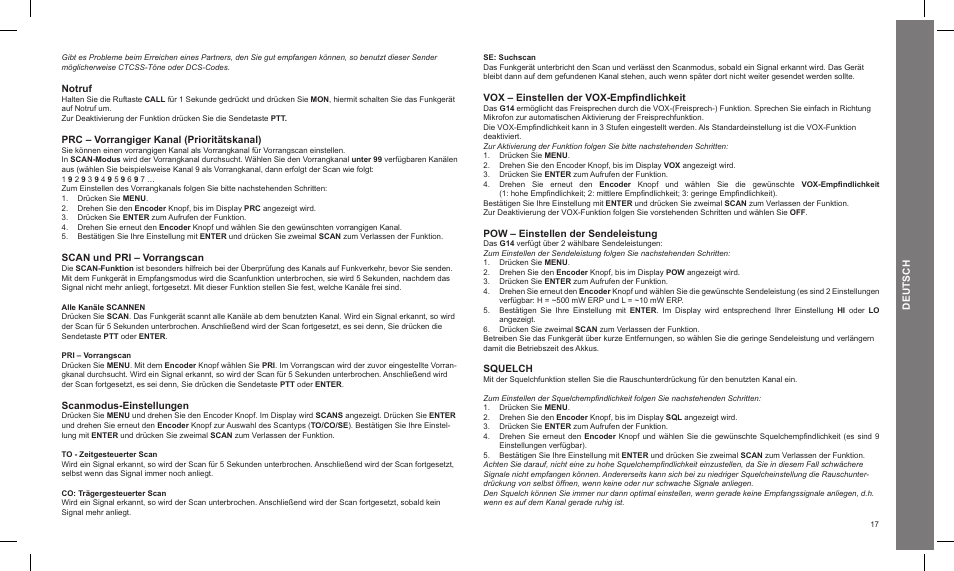 Deutsch, Notruf, Prc – vorrangiger kanal (prioritätskanal) | Scan und pri – vorrangscan, Scanmodus-einstellungen, Vox – einstellen der vox-empfindlichkeit, Pow – einstellen der sendeleistung, Squelch | MIDLAND G14 PMR446 User Manual | Page 17 / 58