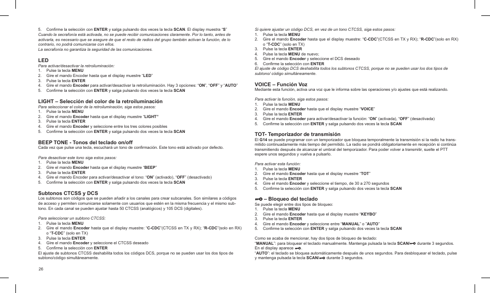 Light – selección del color de la retroiluminación, Beep tone - tonos del teclado on/off, Subtonos ctcss y dcs | Voice – función voz, Tot- temporizador de transmisión, Bloqueo del teclado | MIDLAND G14 PMR446 User Manual | Page 26 / 58
