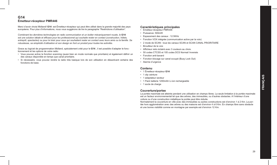 Français, Émetteur-récepteur pmr446, Caractéristiques principales | Contenu, Couverture/portee | MIDLAND G14 PMR446 User Manual | Page 29 / 58