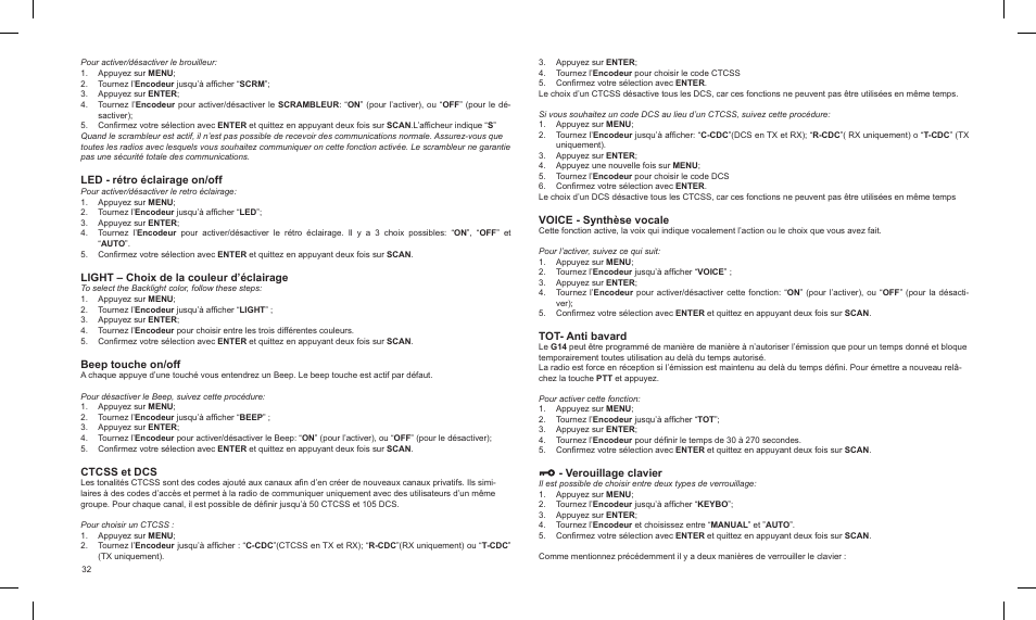 Led - rétro éclairage on/off, Light – choix de la couleur d’éclairage, Beep touche on/off | Ctcss et dcs, Voice - synthèse vocale, Tot- anti bavard, Verouillage clavier | MIDLAND G14 PMR446 User Manual | Page 32 / 58