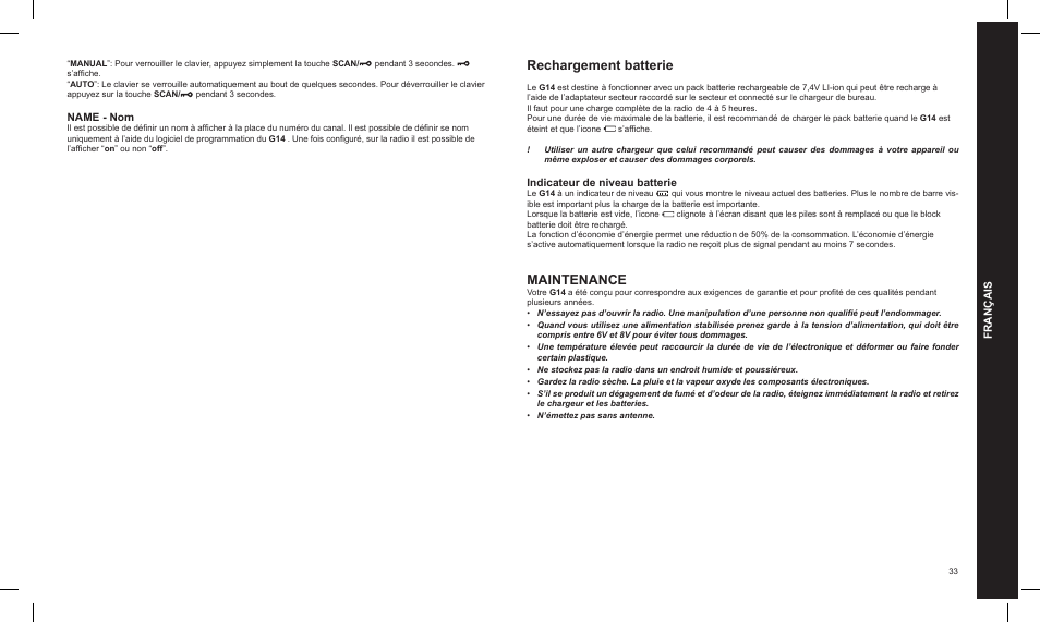 Rechargement batterie, Maintenance, Français | Name - nom, Indicateur de niveau batterie | MIDLAND G14 PMR446 User Manual | Page 33 / 58