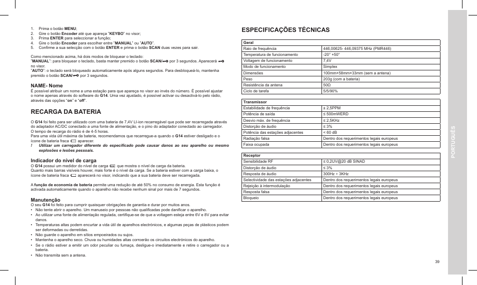 Recarga da bateria, Especificações técnicas, Português | Name- nome, Indicador do nível de carga, Manutenção | MIDLAND G14 PMR446 User Manual | Page 39 / 58