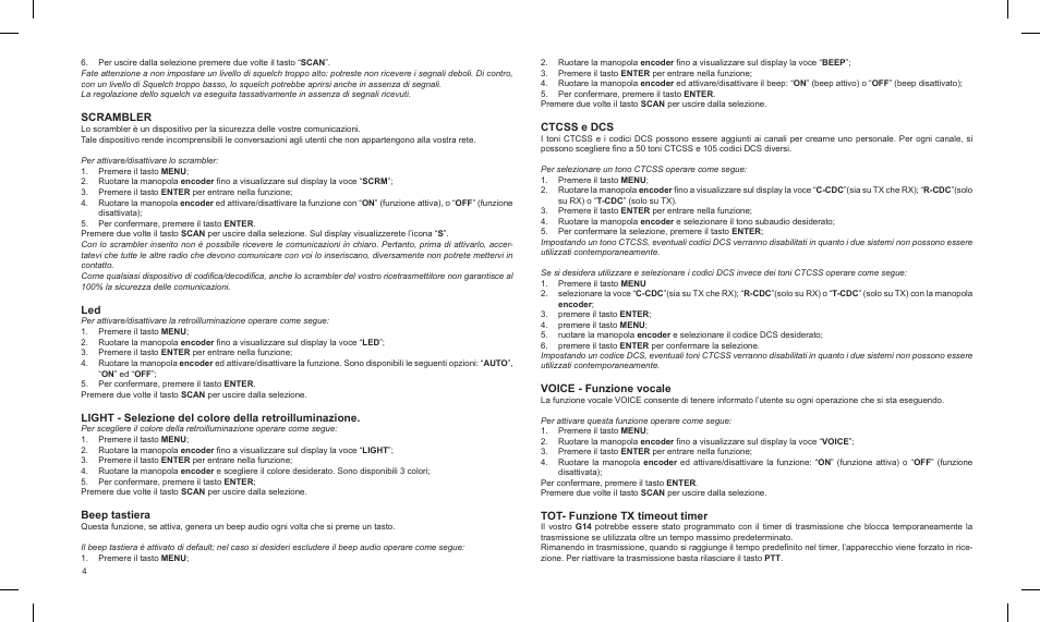 Scrambler, Beep tastiera, Ctcss e dcs | Voice - funzione vocale, Tot- funzione tx timeout timer | MIDLAND G14 PMR446 User Manual | Page 4 / 58