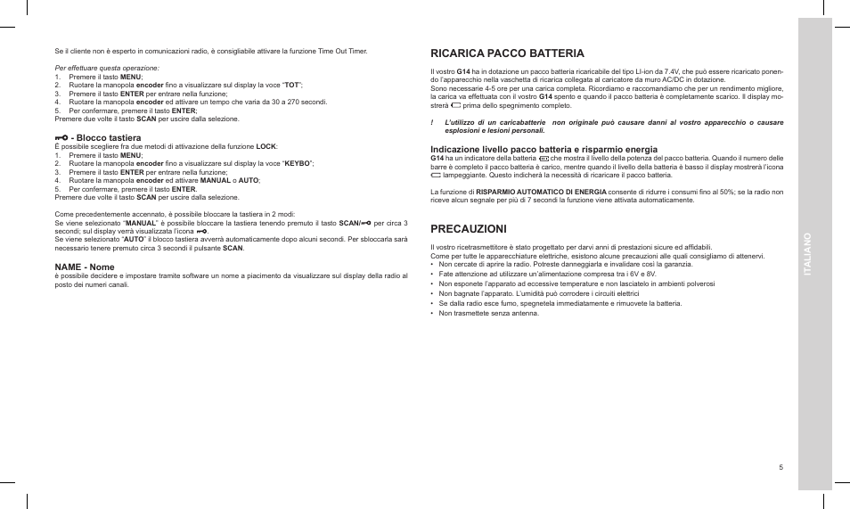 Ricarica pacco batteria, Precauzioni, It aliano | Blocco tastiera, Name - nome | MIDLAND G14 PMR446 User Manual | Page 5 / 58