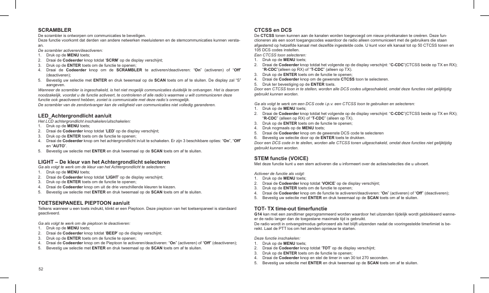 Scrambler, Led_achtergrondlicht aan/uit, Toetsenpaneel pieptoon aan/uit | Ctcss en dcs, Stem functie (voice), Tot- tx time-out timerfunctie | MIDLAND G14 PMR446 User Manual | Page 52 / 58