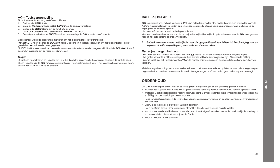 Onderhoud, Dutch, Toetsvergrendeling | Naam, Batterij opladen, Batterijvermogen indicator | MIDLAND G14 PMR446 User Manual | Page 53 / 58