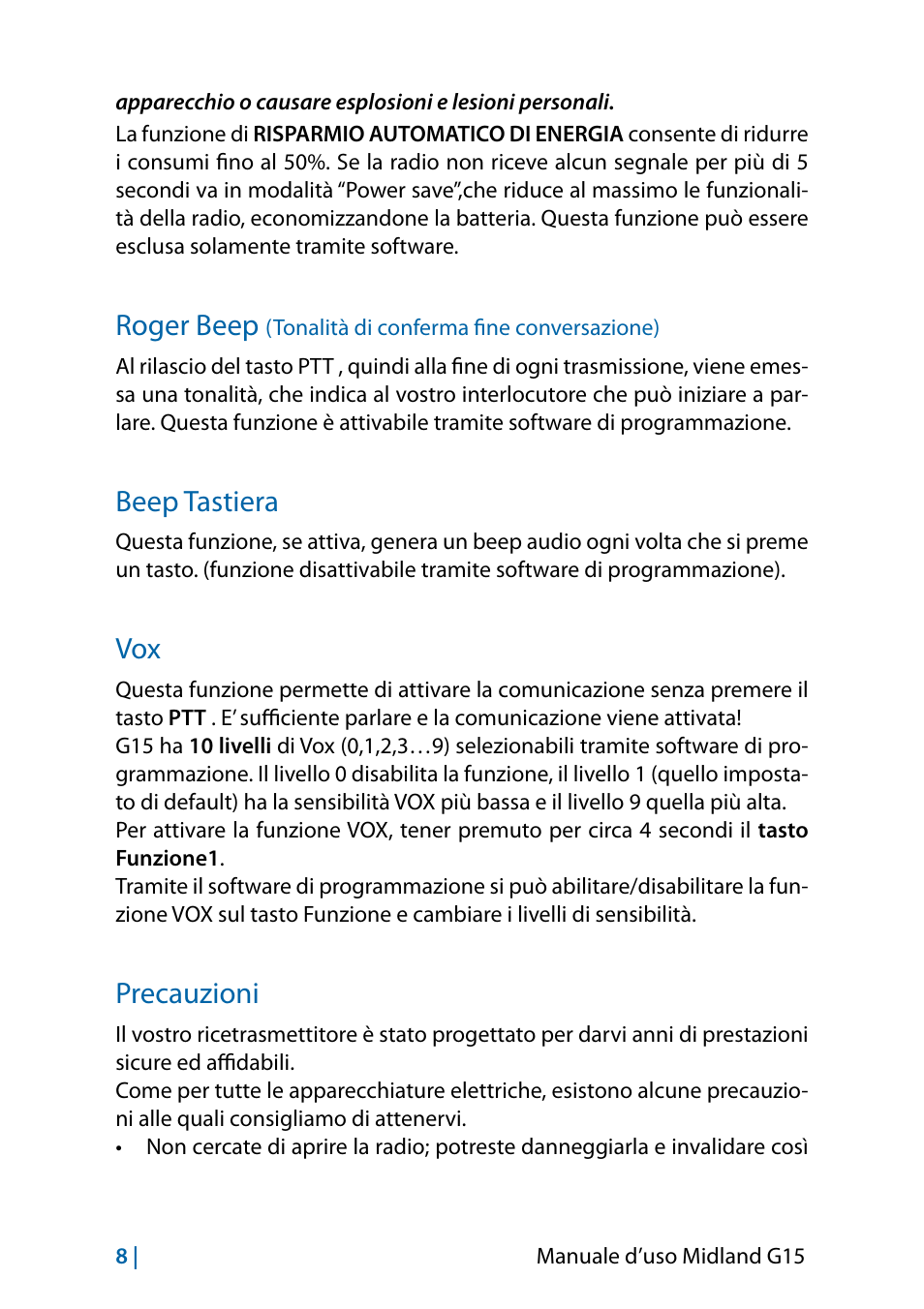 Beep tastiera, Precauzioni, Roger beep | Tonalità di conferma fine conversazione), Vox 8 precauzioni 8 | MIDLAND G15 User Manual | Page 10 / 134