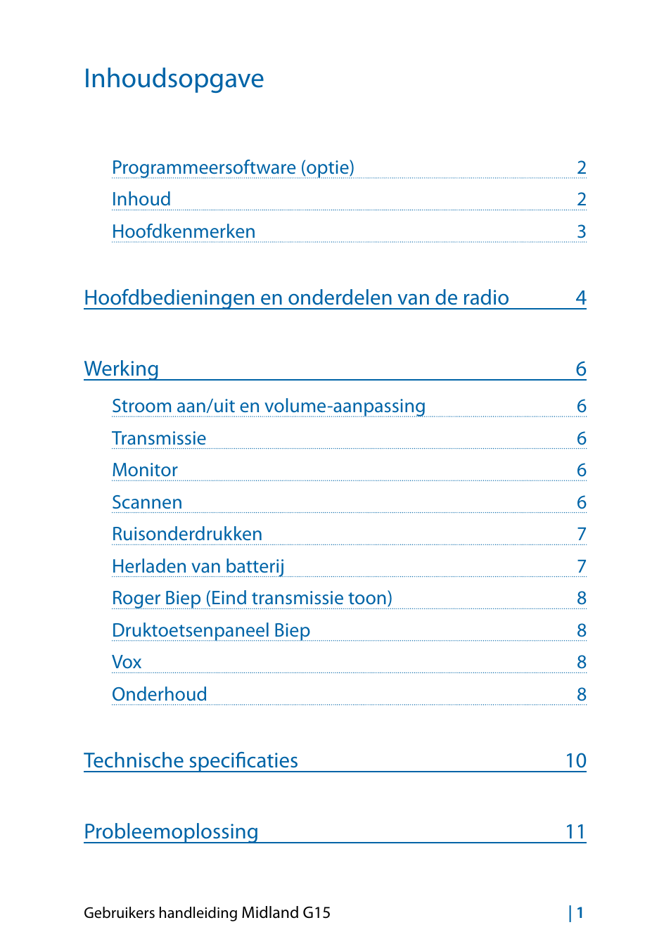 Inhoudsopgave | MIDLAND G15 User Manual | Page 115 / 134