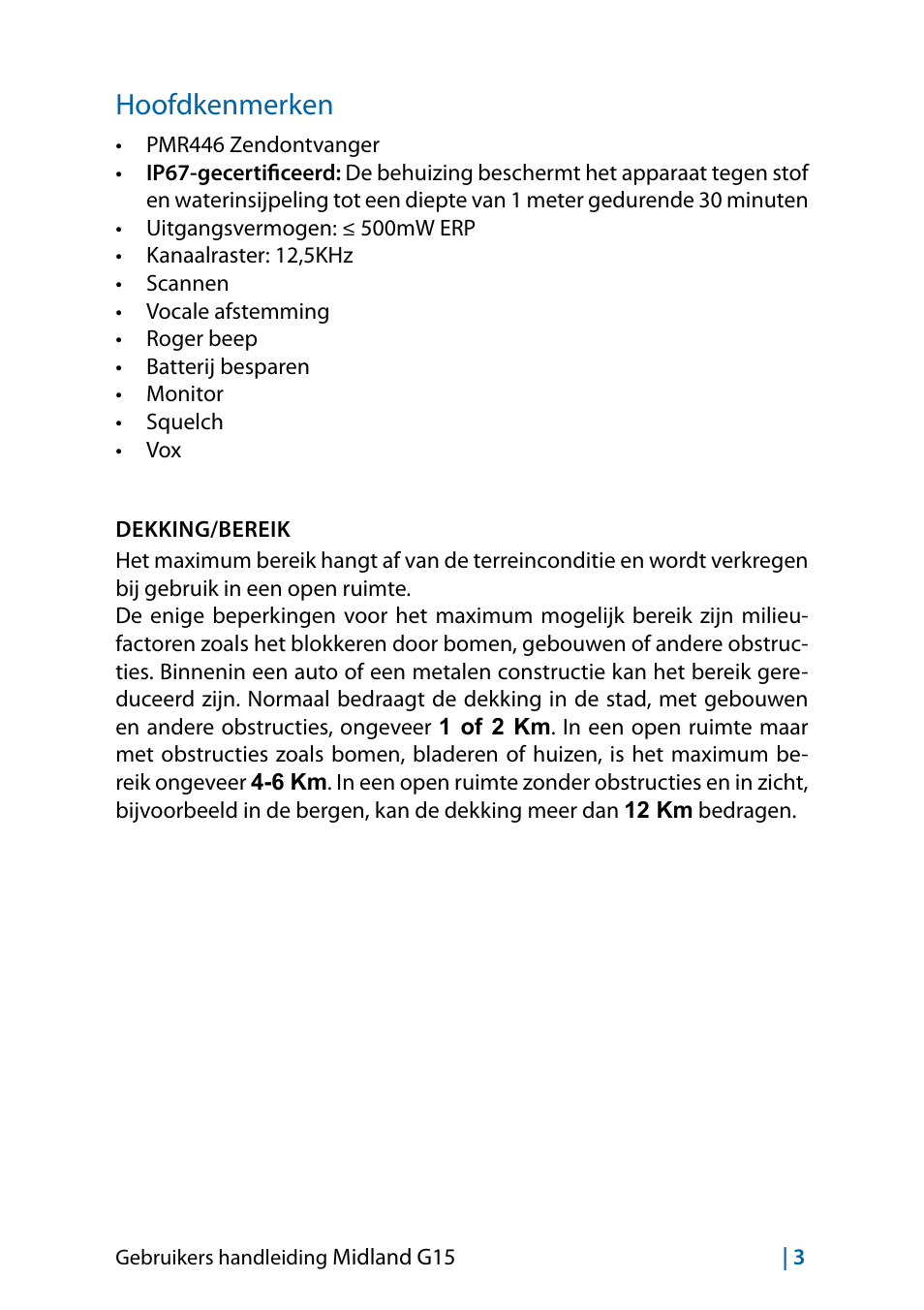 Hoofdkenmerken, Hoofdkenmerken 3 | MIDLAND G15 User Manual | Page 117 / 134