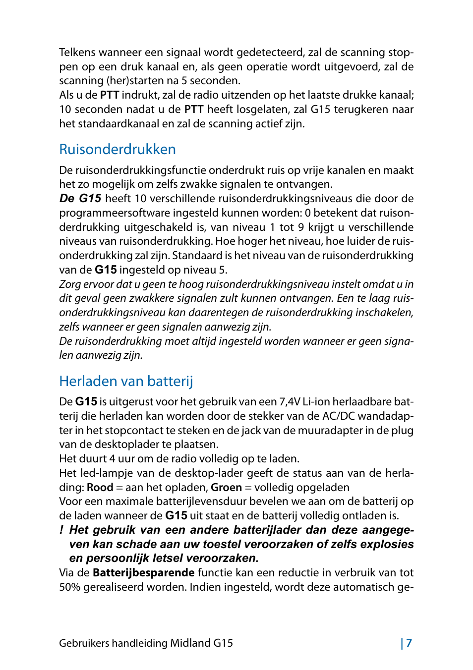 Ruisonderdrukken, Herladen van batterij, Ruisonderdrukken 7 herladen van batterij | MIDLAND G15 User Manual | Page 121 / 134