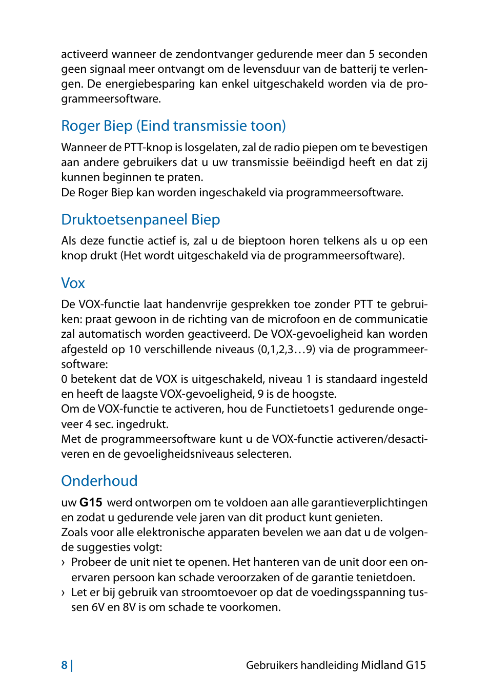 Roger biep (eind transmissie toon), Druktoetsenpaneel biep, Onderhoud | Vox 8 onderhoud 8 | MIDLAND G15 User Manual | Page 122 / 134