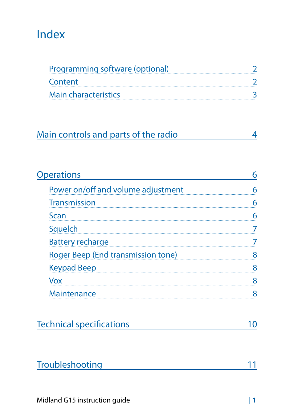 Index | MIDLAND G15 User Manual | Page 19 / 134