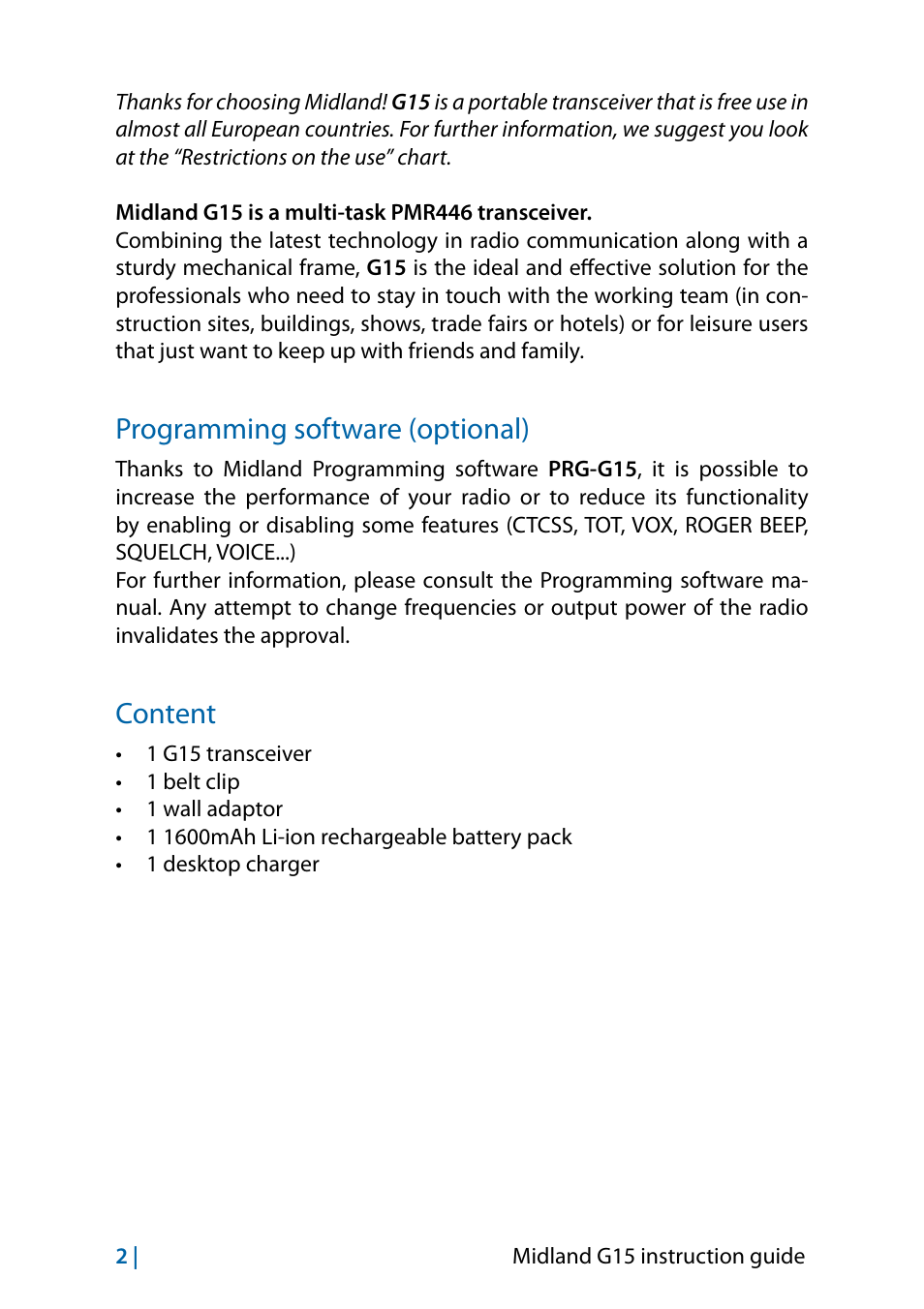 Programming software (optional), Content, Content 2 | MIDLAND G15 User Manual | Page 20 / 134