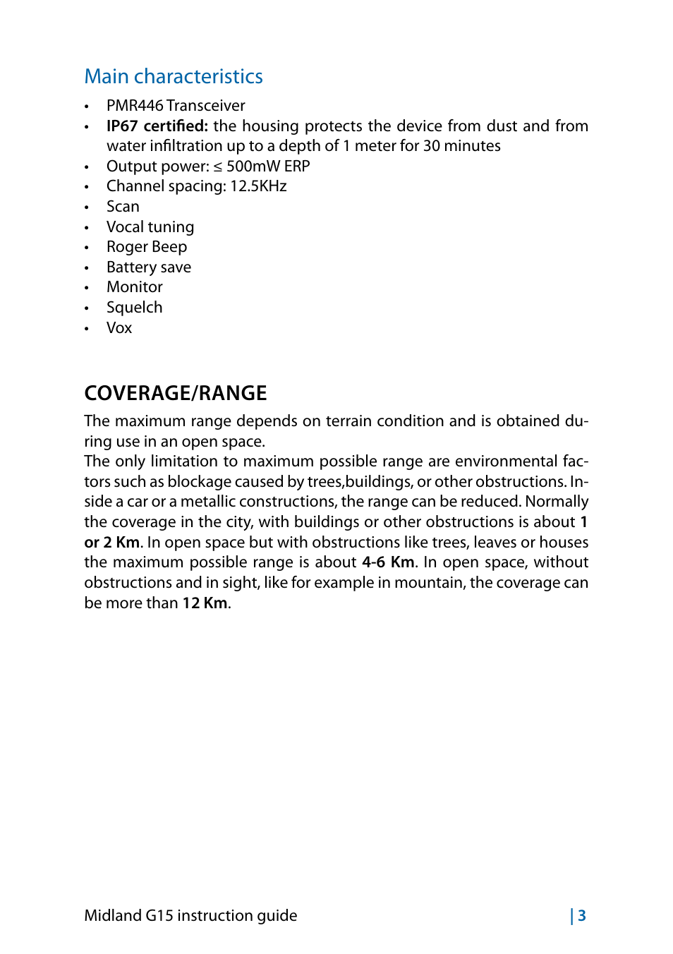 Main characteristics, Coverage/range | MIDLAND G15 User Manual | Page 21 / 134