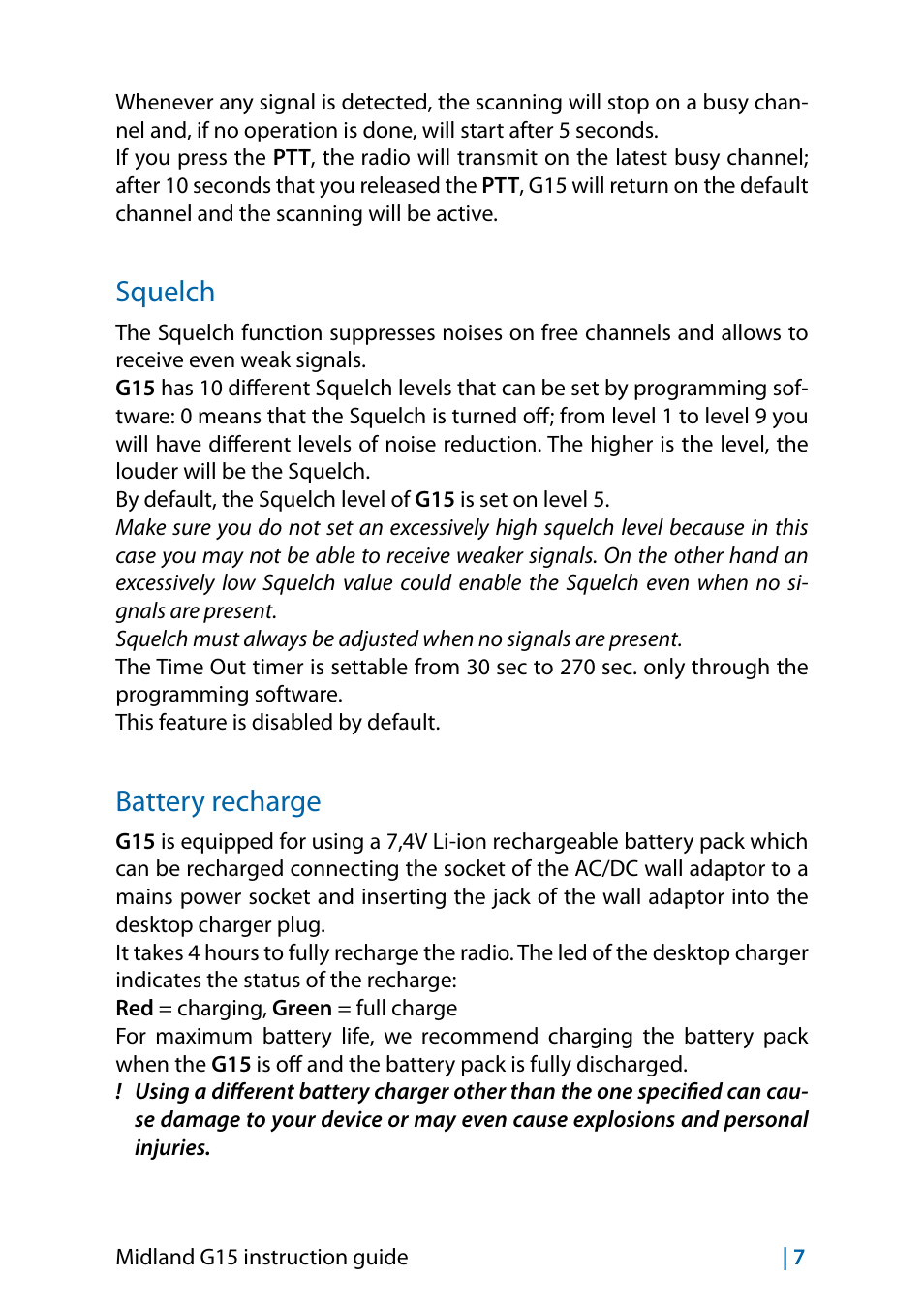 Squelch, Battery recharge, Squelch 7 battery recharge | MIDLAND G15 User Manual | Page 25 / 134