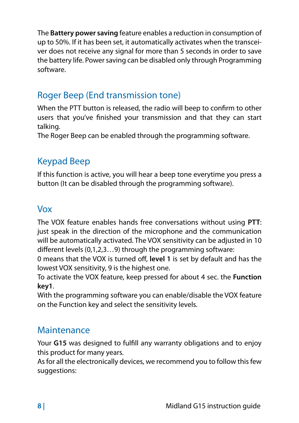 Roger beep (end transmission tone), Keypad beep, Maintenance | Vox 8 maintenance 8 | MIDLAND G15 User Manual | Page 26 / 134