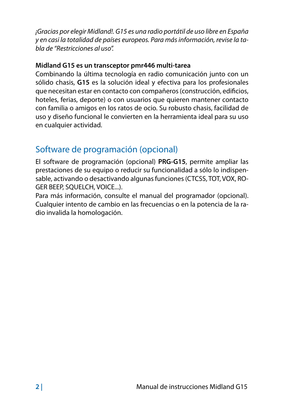 Software de programación (opcional) | MIDLAND G15 User Manual | Page 52 / 134