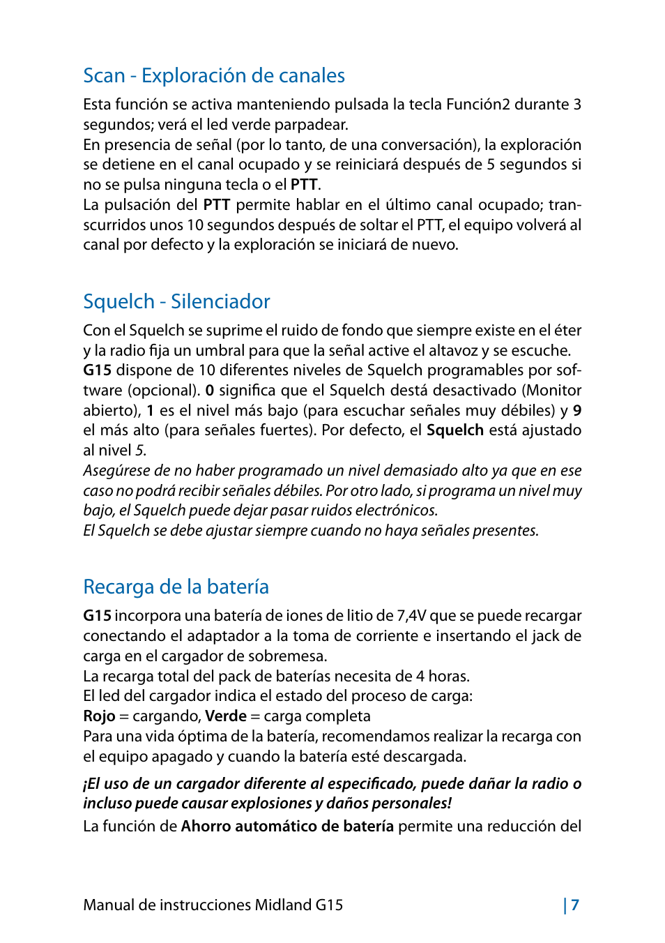 Scan - exploración de canales, Squelch - silenciador, Recarga de la batería | MIDLAND G15 User Manual | Page 57 / 134