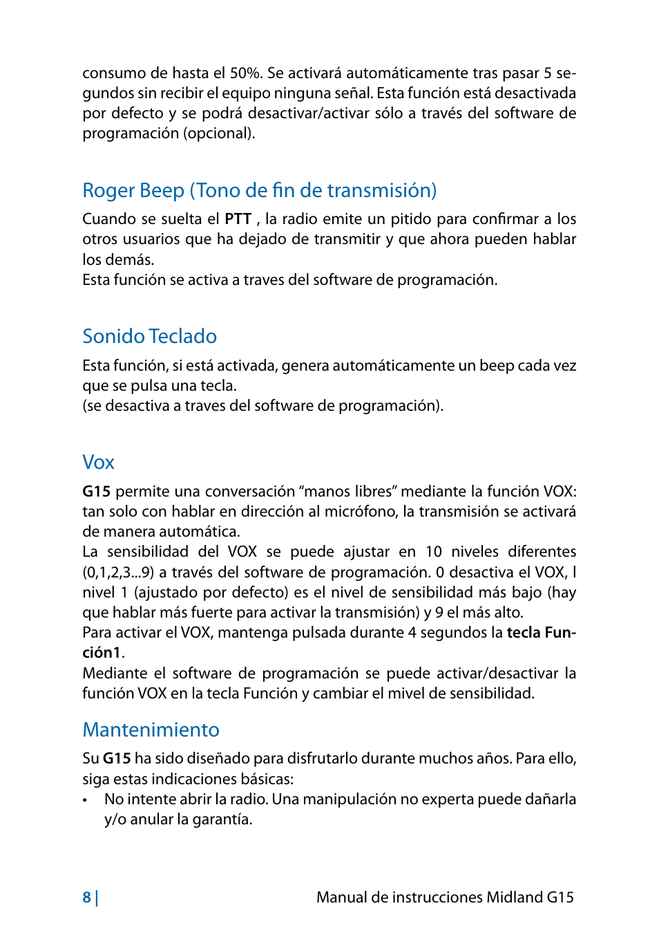 Roger beep (tono de fin de transmisión), Sonido teclado, Mantenimiento | Vox 8 mantenimiento 8 | MIDLAND G15 User Manual | Page 58 / 134