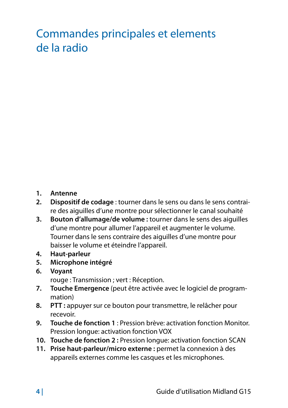 Commandes principales et elements de la radio | MIDLAND G15 User Manual | Page 70 / 134