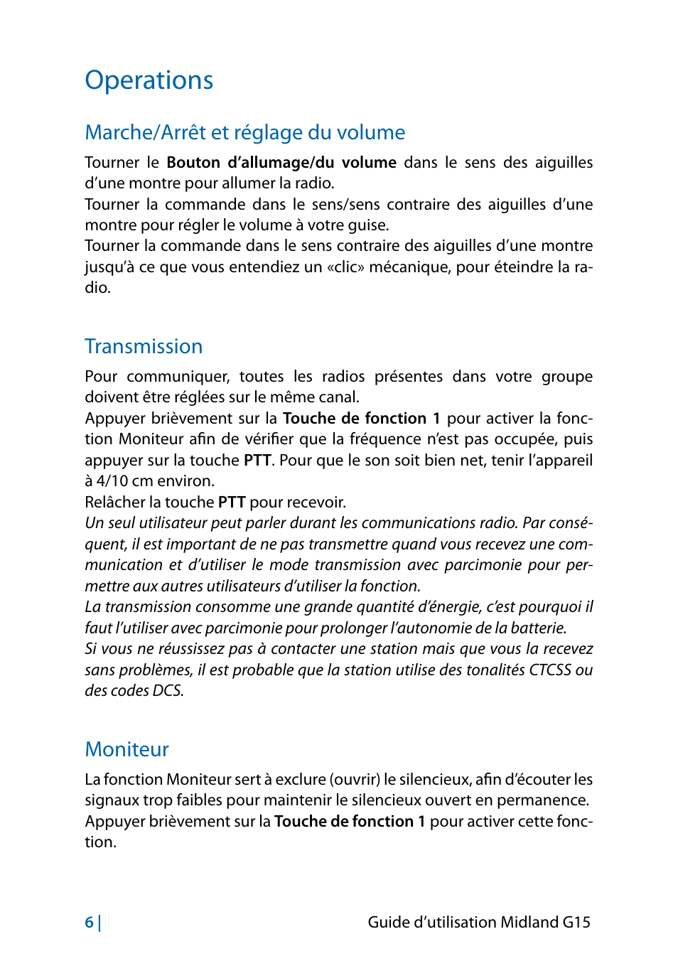 Operations, Marche/arrêt et réglage du volume, Transmission | Moniteur, Operations 6, Transmission 6 moniteur 6 | MIDLAND G15 User Manual | Page 72 / 134