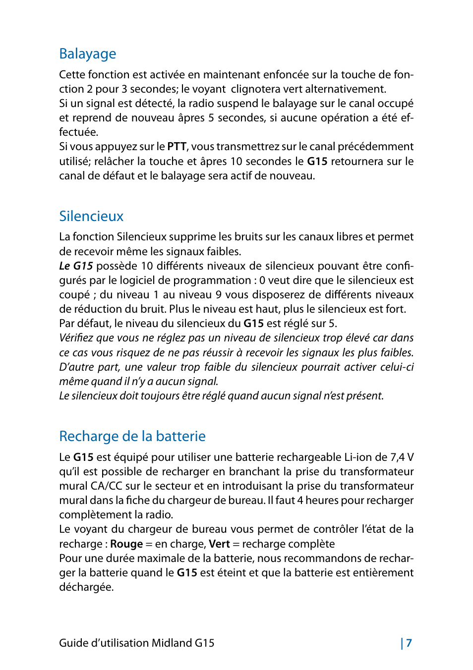 Balayage, Silencieux, Recharge de la batterie | Balayage 7 silencieux 7 recharge de la batterie | MIDLAND G15 User Manual | Page 73 / 134