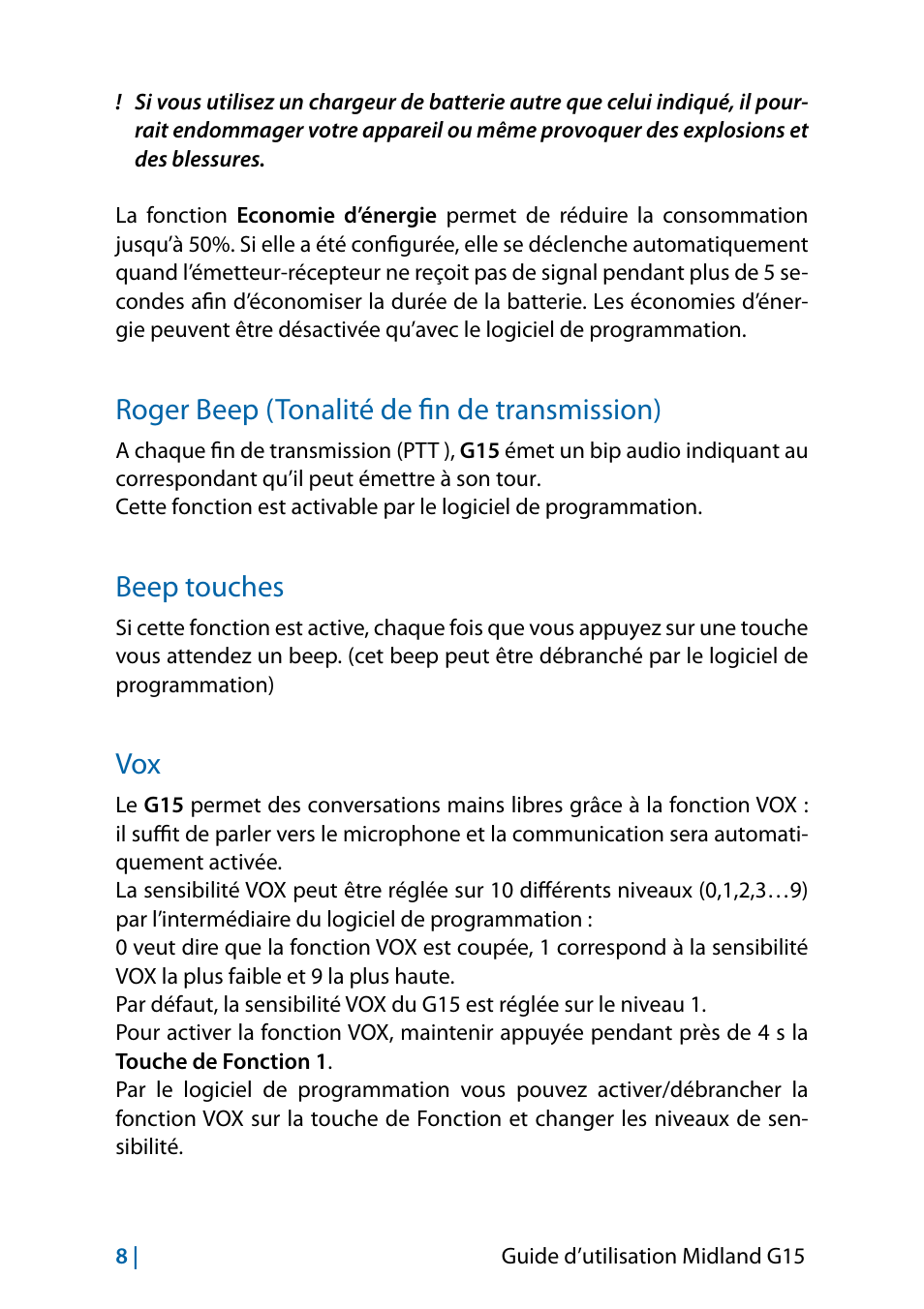 Roger beep (tonalité de fin de transmission), Beep touches, Vox 8 | MIDLAND G15 User Manual | Page 74 / 134