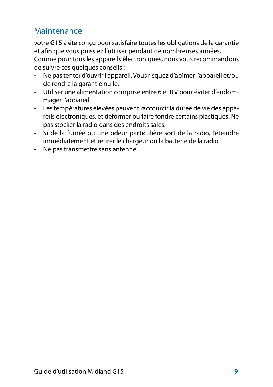 Maintenance, Maintenance 9 | MIDLAND G15 User Manual | Page 75 / 134