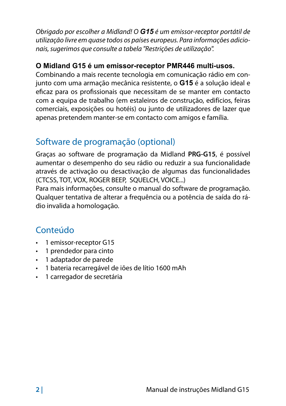 Software de programação (optional), Conteúdo, Conteúdo 2 | MIDLAND G15 User Manual | Page 84 / 134