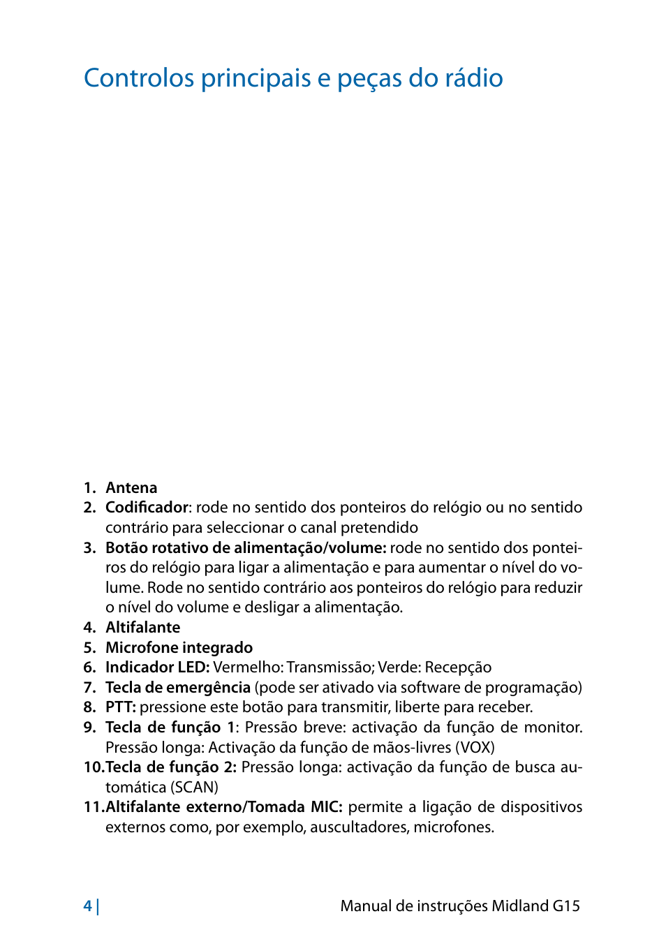 Controlos principais e peças do rádio | MIDLAND G15 User Manual | Page 86 / 134