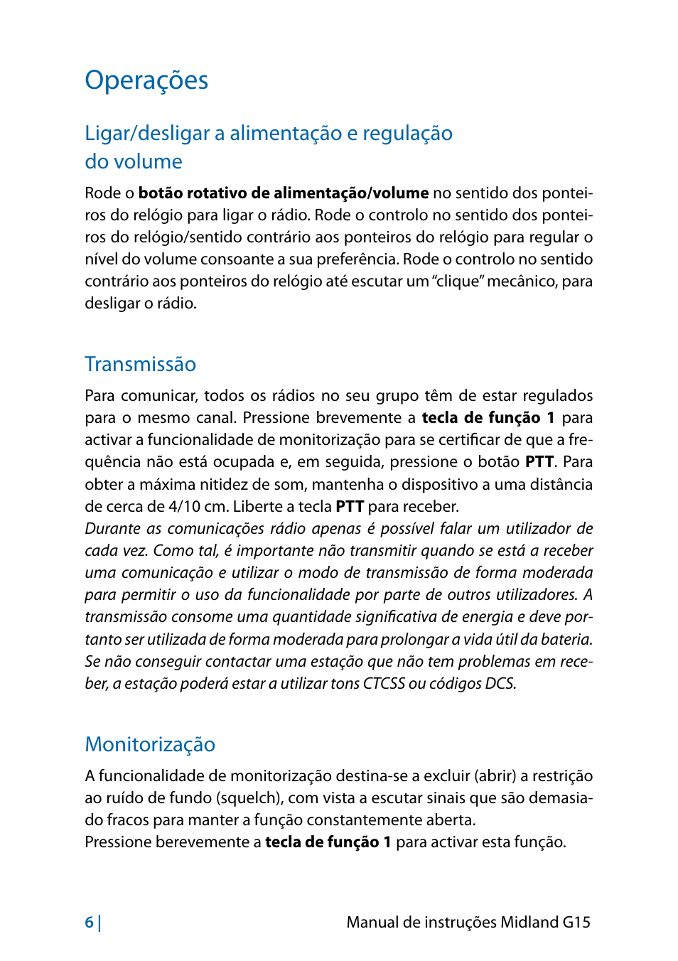 Operações, Ligar/desligar a alimentação e regulação do volume, Transmissão | Monitorização, Operações 6, Ligar/desligar a alimentação e regulação, Do volume, Transmissão 6 monitorização 6 | MIDLAND G15 User Manual | Page 88 / 134