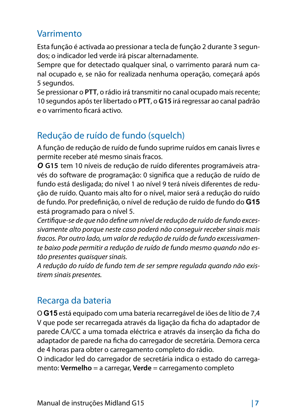 Varrimento, Redução de ruído de fundo (squelch), Recarga da bateria | Varrimento 7 | MIDLAND G15 User Manual | Page 89 / 134