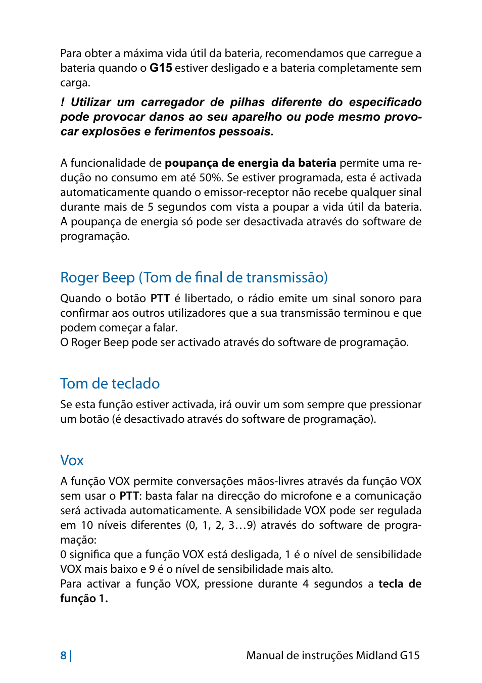 Roger beep (tom de final de transmissão), Tom de teclado, Vox 8 | MIDLAND G15 User Manual | Page 90 / 134