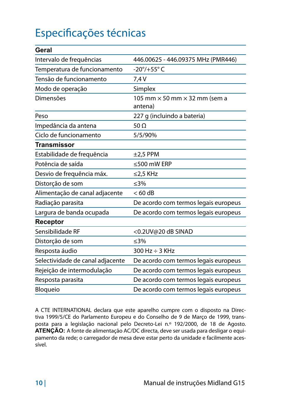 Especificações técnicas | MIDLAND G15 User Manual | Page 92 / 134