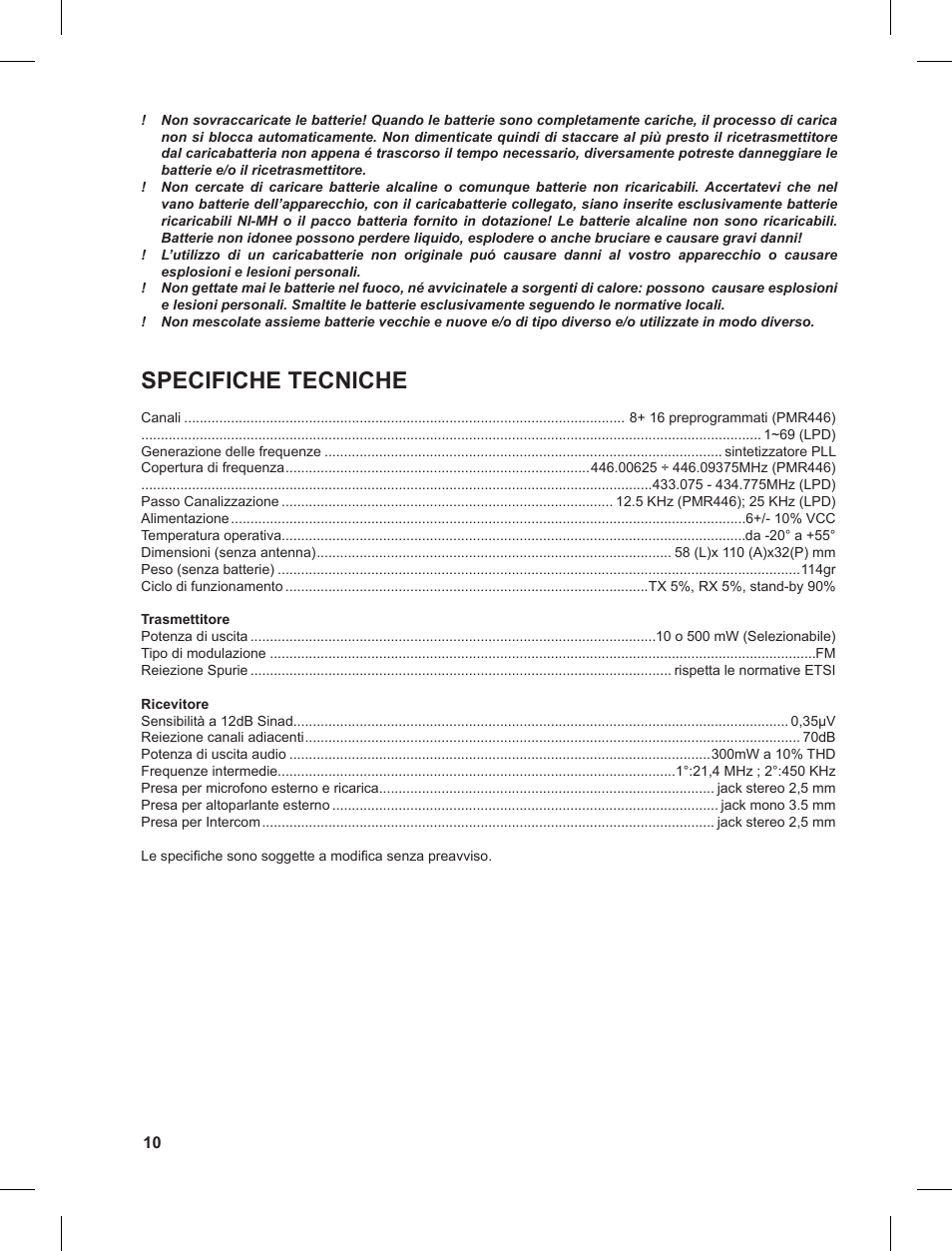 Specifiche tecniche | MIDLAND G8 User Manual | Page 10 / 80