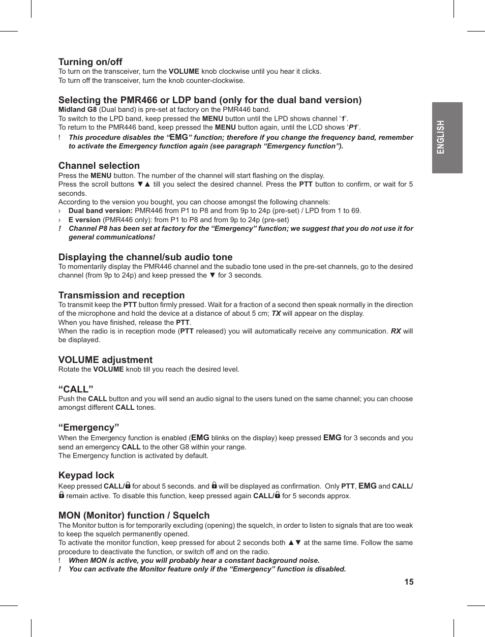 En gl is h turning on/off, Channel selection, Displaying the channel/sub audio tone | Transmission and reception, Volume adjustment, Call, Emergency, Keypad lock, Mon (monitor) function / squelch | MIDLAND G8 User Manual | Page 15 / 80