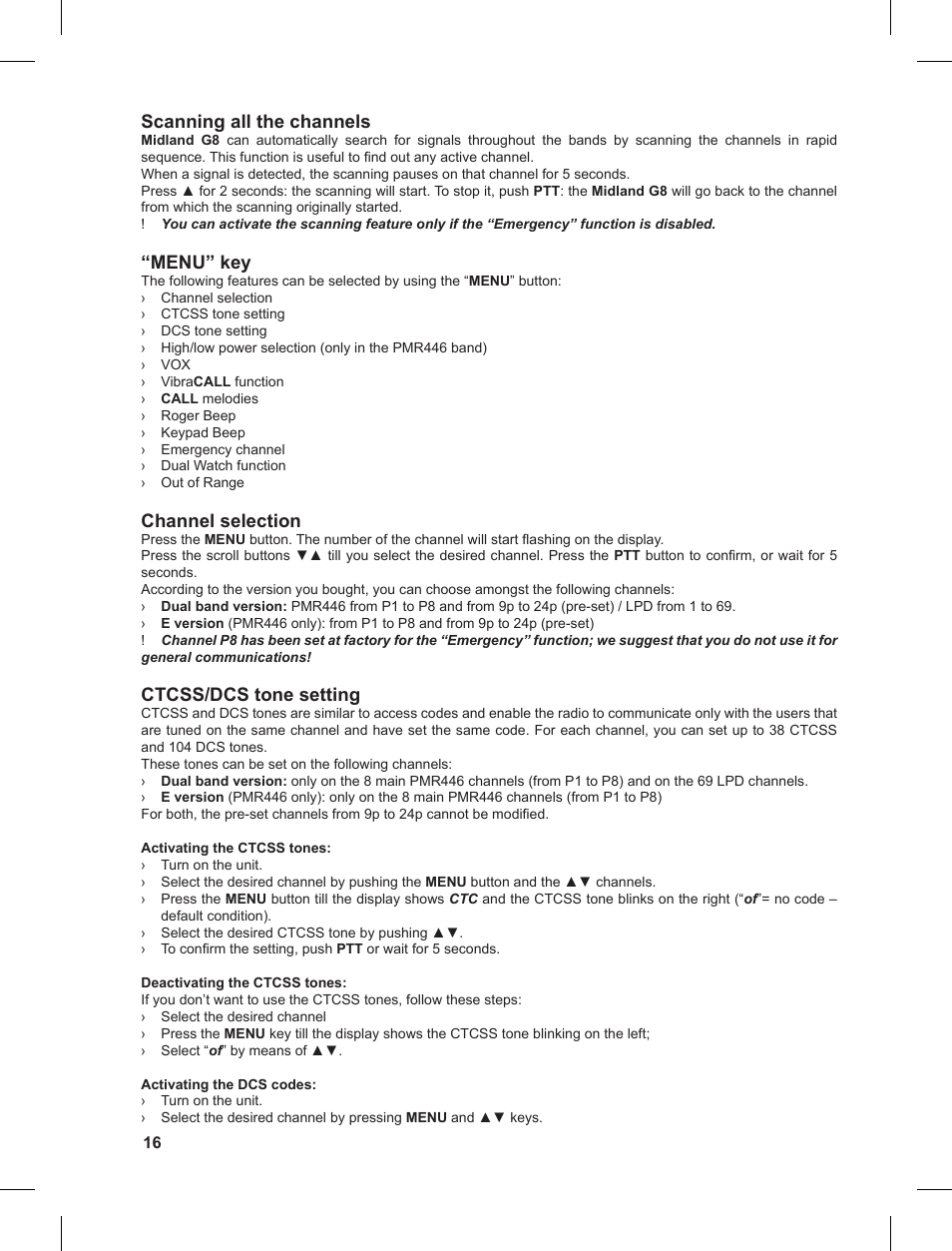 Scanning all the channels, Menu” key, Channel selection | Ctcss/dcs tone setting | MIDLAND G8 User Manual | Page 16 / 80