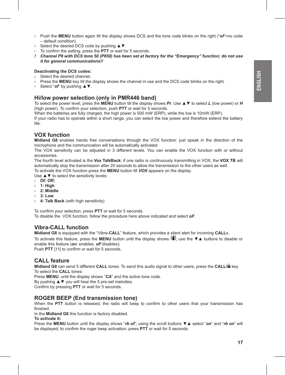 En gl is h, Hi/low power selection (only in pmr446 band), Vox function | Vibra-call function, Call feature, Roger beep (end transmission tone) | MIDLAND G8 User Manual | Page 17 / 80