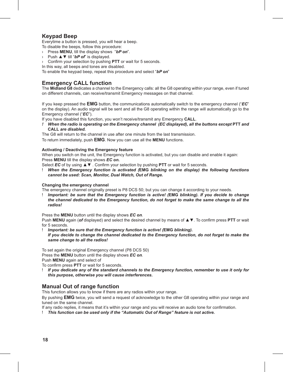 Keypad beep, Emergency call function, Manual out of range function | MIDLAND G8 User Manual | Page 18 / 80