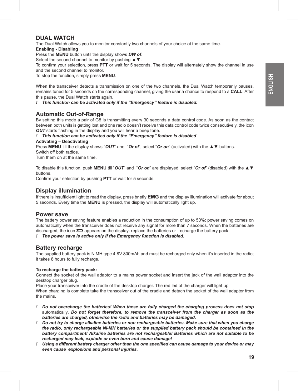 En gl is h dual watch, Automatic out-of-range, Display illumination | Power save, Battery recharge | MIDLAND G8 User Manual | Page 19 / 80