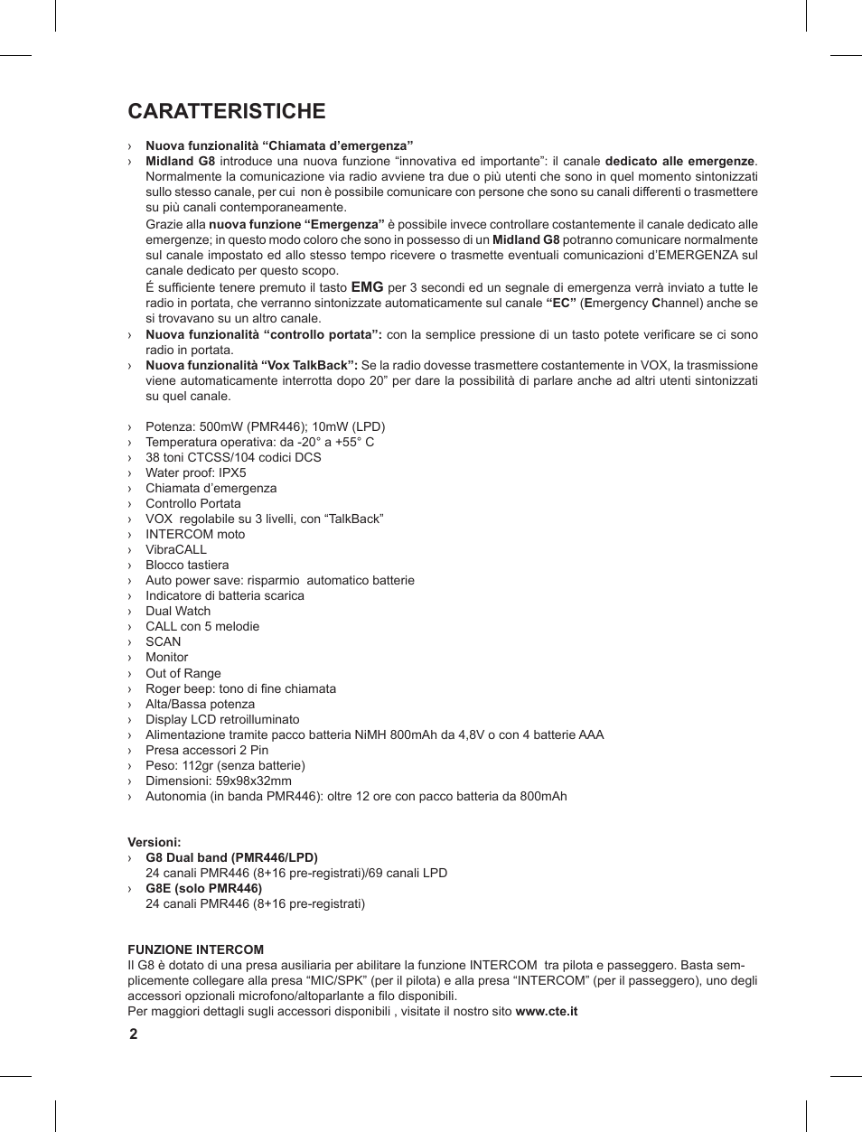 Caratteristiche | MIDLAND G8 User Manual | Page 2 / 80