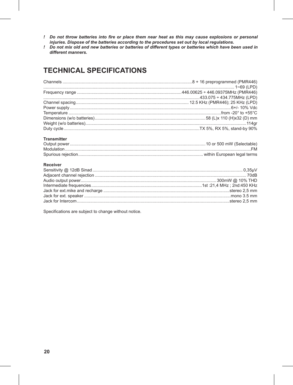 Technical specifications | MIDLAND G8 User Manual | Page 20 / 80