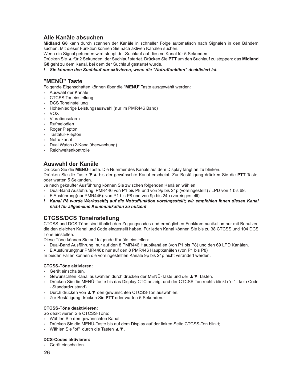 Alle kanäle absuchen, Menü" taste, Auswahl der kanäle | Ctcss/dcs toneinstellung | MIDLAND G8 User Manual | Page 26 / 80