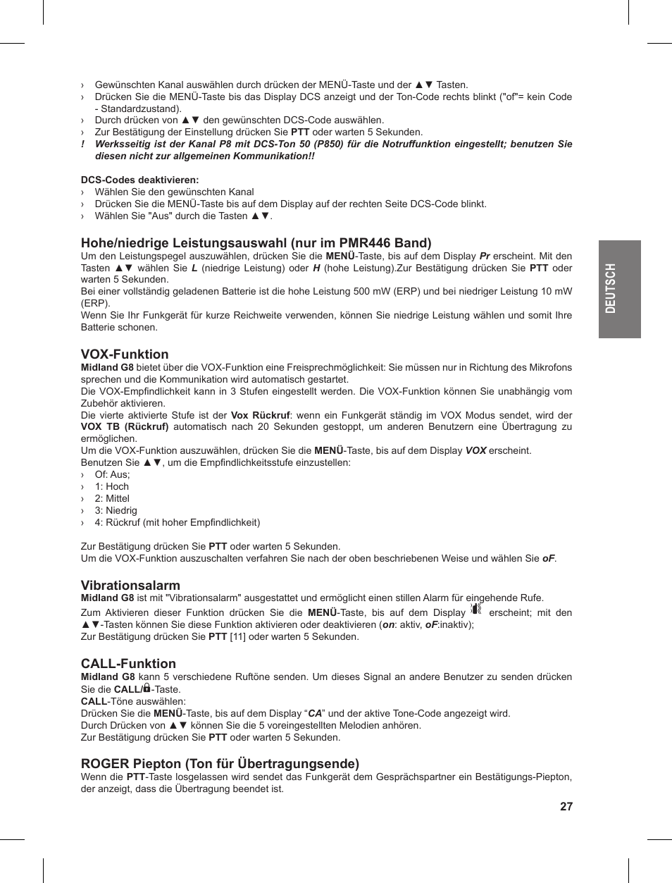 De ut sc h, Vox-funktion, Vibrationsalarm | Call-funktion, Roger piepton (ton für übertragungsende) | MIDLAND G8 User Manual | Page 27 / 80